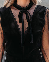 Front Row Velvet Mesh Neck Tie Romper - Black